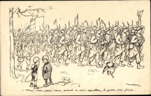 Künstler Ak Poulbot, Francisque, Kinder beobachten marschierende Soldaten