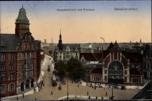 Ak Gelsenkirchen im Ruhrgebiet, Hauptbahnhof und Postamt