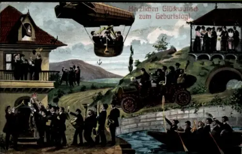 Ak Glückwunsch Geburtstag, Feier, Zeppelin, Auto