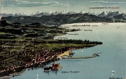 Ak Langenargen am Bodensee, Gesamtansicht, Schloss Montfort, Luftbild