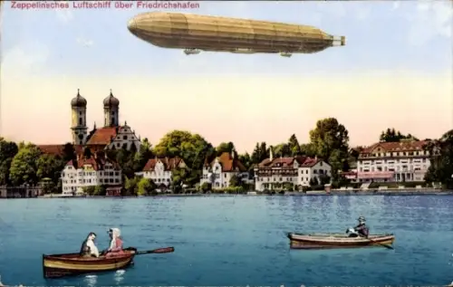 Ak Friedrichshafen am Bodensee, Teilansicht, Zeppelin über der Stadt