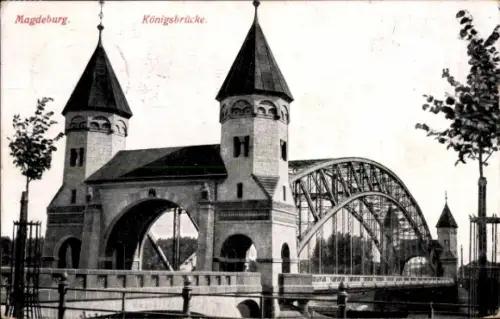 Ak Magdeburg an der Elbe, Königsbrücke,  zwei Türme, Brücke im Hintergrund