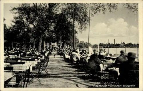 Ak Magdeburg an der Elbe,  Luftkurort Salzquelle, Cafés am Wasser, viele Gäste