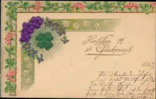 Präge Material Ak Glückwunsch, Blumen, Glücksklee