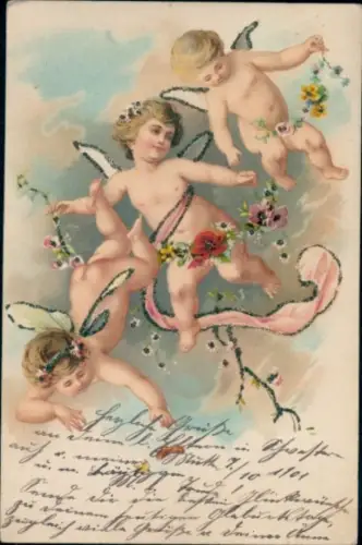 Glitzer Ak Engel, Blumen, Kitsch