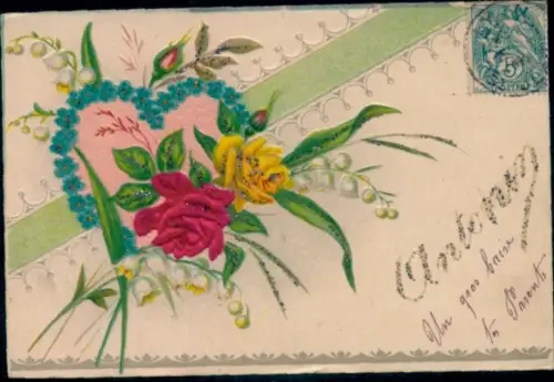 Präge Glitzer Ak Blumen, Rosen, Maiglöckchen, Kitsch