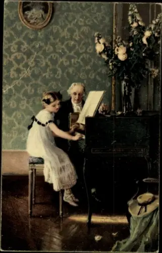 Künstler Ak Muenier, J.A., Klavierstunde, Mädchen spielt Klavier, Musiklehrer