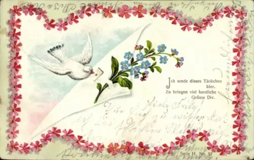 Passepartout Ak Taube, Blumen, Ich sende dieses Täubchen hier...