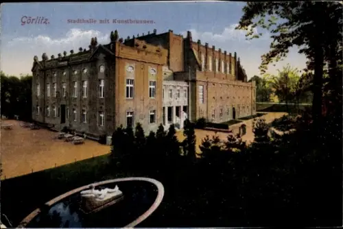 Ak Görlitz in der Lausitz,  Stadthalle, Kunstbrunnen
