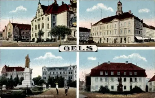 Ak Oleśnica Oels Schlesien, Postamt, Königl. Amtsgericht, Rathaus, Kaisenfriedrich-Denkmal, Pfarr