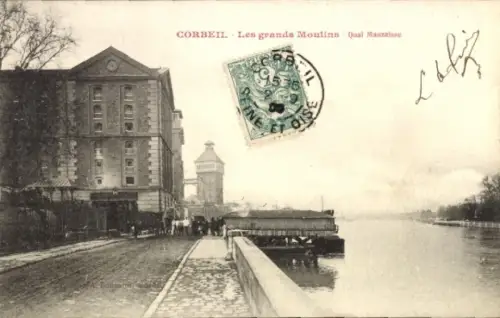 Ak Corbeil Essonne,  große Mühlen, Quai Mauzaisse, Fluss, Pferdewagen