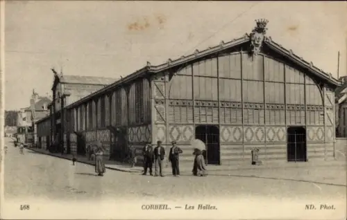 Ak Corbeil Essonne,  Les Halles, Gebäude, Menschen, Schwarz-Weiß-Foto