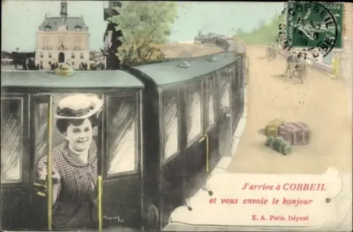 Ak Corbeil Essonne, Frau mit Hut, Zug, Koffer, Bahnhof,  Poststempel