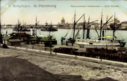 Ak Sankt Petersburg Russland, Quai Nicolas, Schiffe vor Anker