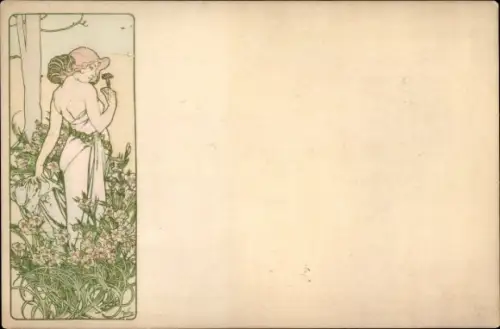 Jugendstil Künstler Ak Mucha, Alfons, Frauenbildnis, Blumen