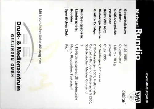 Autogrammkarte Fußballer Michael Rundio, VfB Stuttgart, Autogramm