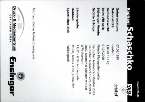 Autogrammkarte Fußballer Raphael Schaschko, VfB Stuttgart, Autogramm