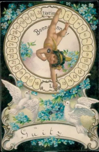 Mechanische Ak Glückwunsch Neujahr, Kind, Vergissmeinnicht, Kalender, Tauben