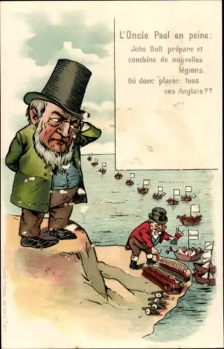 Litho L'Oncle Paul en peine, Ohm Krüger, Britische Truppen an der Küste, Burenkrieg