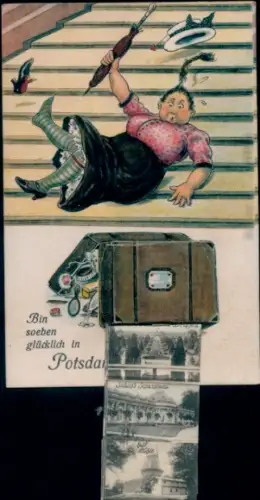 Leporello Ak Potsdam, Schloss, Schlossbrücke, Tollpatschige Frau