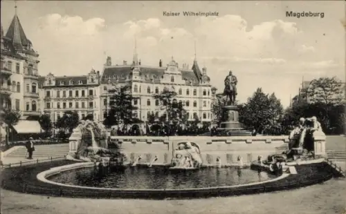 Ak Magdeburg an der Elbe, Kaiser Wilhelmplatz, Statue, Brunnen, Magdeburg