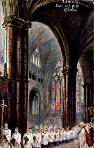 Ak Lincoln Lincolnshire England, Lincoln Cathedral, Chorknaben, Buntglasfenster, religiöse Zeremo