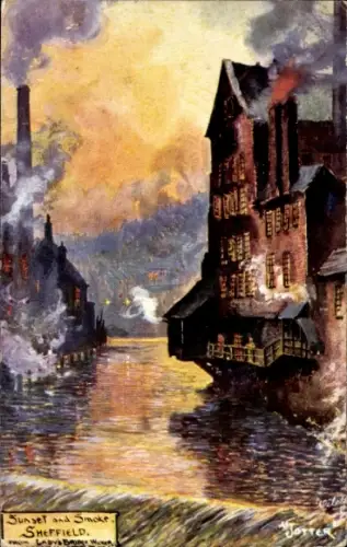 Ak Sheffield Yorkshire England, Sonnenuntergang, Rauch,  Fluss, Industriegebäude, 