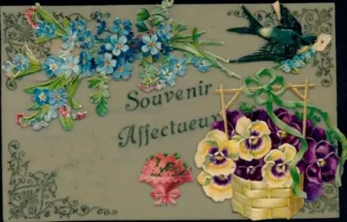 Zelluloid Ak Kitsch, Blumenkorb, Schwalbe