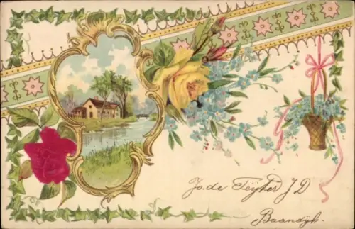 Präge Material Ak Blumen, Rosen, Vergissmeinnicht