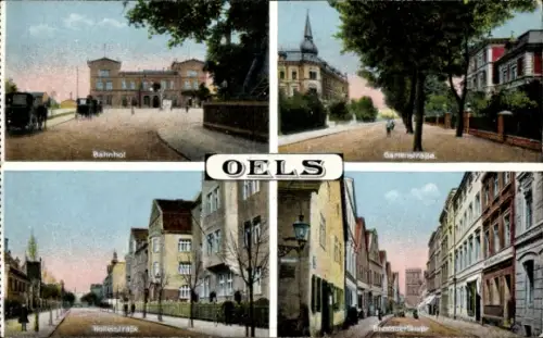 Ak Oleśnica Oels Schlesien, Bahnhof, Gartenstraße, OELS, Holteistraße, Brestane-Straße