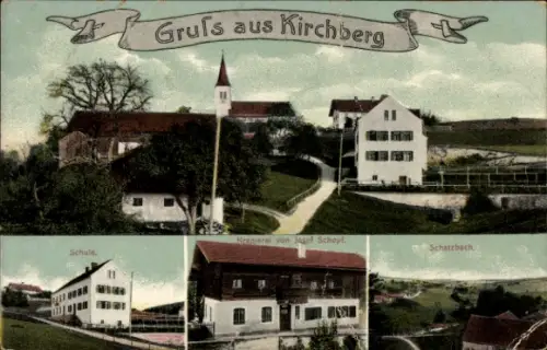 Ak Kirchberg in Sachsen, Vorderseite zeigt  Kramerei von Josef Schopf, Schule, Schatzbach