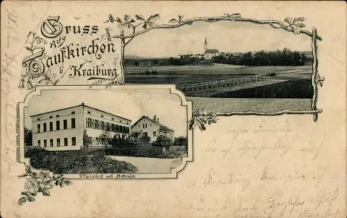Passepartout Ak Taufkirchen Oberbayern, Gesamtansicht, Kirche, Pfarrhof, Schule