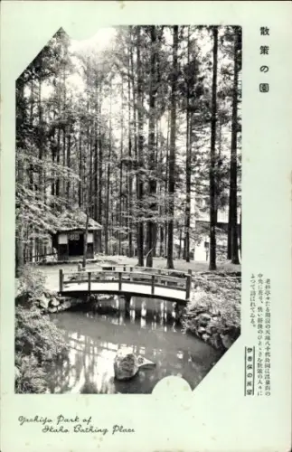 Ak Ikaho Präf. Gunma Japan, Schöner Park, Brücke, Teich, Bäume, Japanischer Text