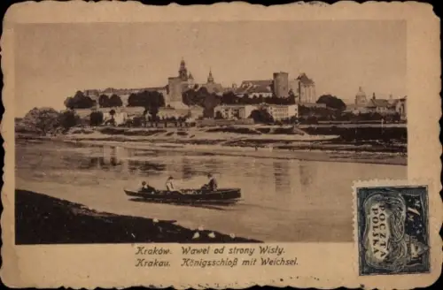 Ak Kraków Krakau Polen,  Wawel, Weichsel, Boot auf dem Wasser