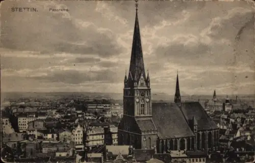 Ak Szczecin Stettin Pommern, Panorama von  Kirche im Vordergrund, Wolken am Himmel
