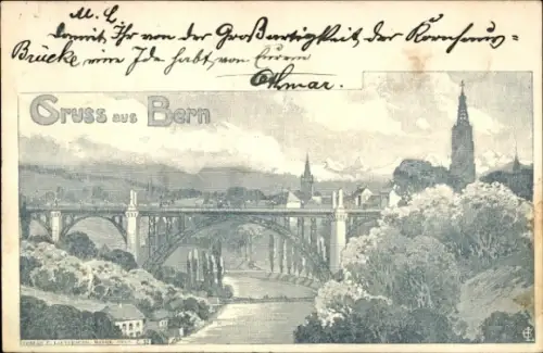Ak Bern Stadt Schweiz, Gruss aus  Brücke, Fluss, Landschaft, 