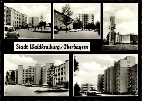Ak Waldkraiburg im Bayerischen Alpenvorland, Hochhaussiedlung, Kirche
