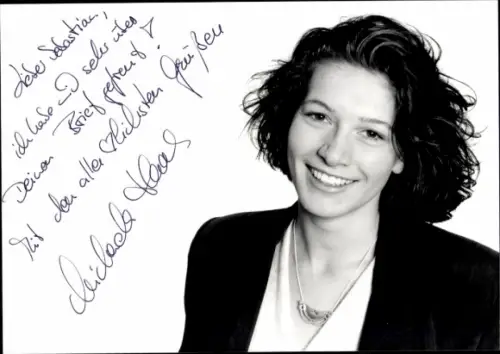 Autogrammkarte Journalistin und Moderatorin Michaela Haas, Portrait, Autogramm