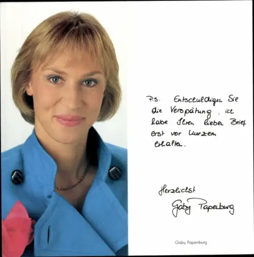 Autogrammkarte Moderatorin Gaby Papenburg, Portrait, Autogramm