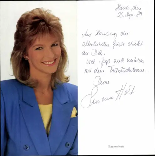 Autogrammkarte Moderatorin Susanne Holst, Portrait, Autogramm