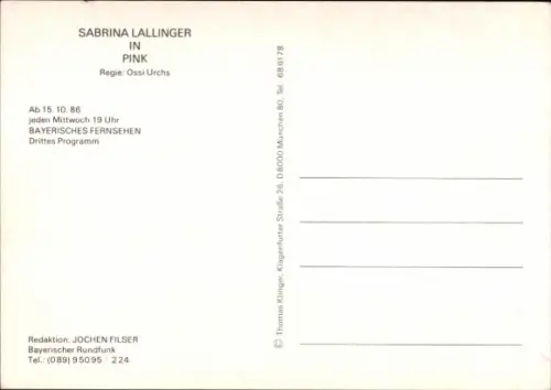 Autogrammkarte Moderatorin Sabrina Lallinger in Pink, Portrait, Autogramm