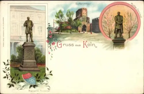 Litho Köln am Rhein, Severintor, Bismarck-Denkmal, Moltke-Denkmal