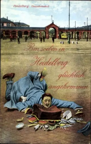 Ak Heidelberg am Neckar, Hauptbahnhof, Tollpatschiger Reisender, Gepäck