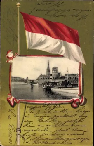 Passepartout Ak Düsseldorf am Rhein, Rheinansicht, Brücke, Rheinwerft, Salondampfer