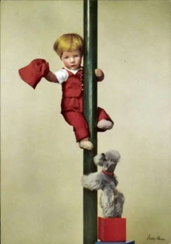 Ak Puppen von Käthe Kruse, Junge, Hund, Puddel