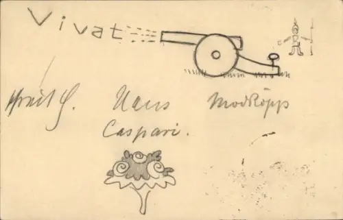 Handgemalt Ak Geschütz, Soldat, Blumenstrauß