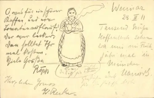 Handgemalt Ak Frau, Kaffee, Kaffeetassen