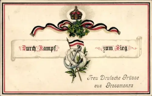 Präge Litho Durch Kampf zum Sieg, Anker, Rettungsring, Kleeblätter, Krone