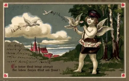 Ak Engel als Briefträger, Tauben, Birken