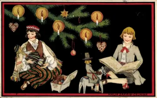 Ak Weihnachten, Tannenzweige, Kinder, Puppen, Spielzeuge